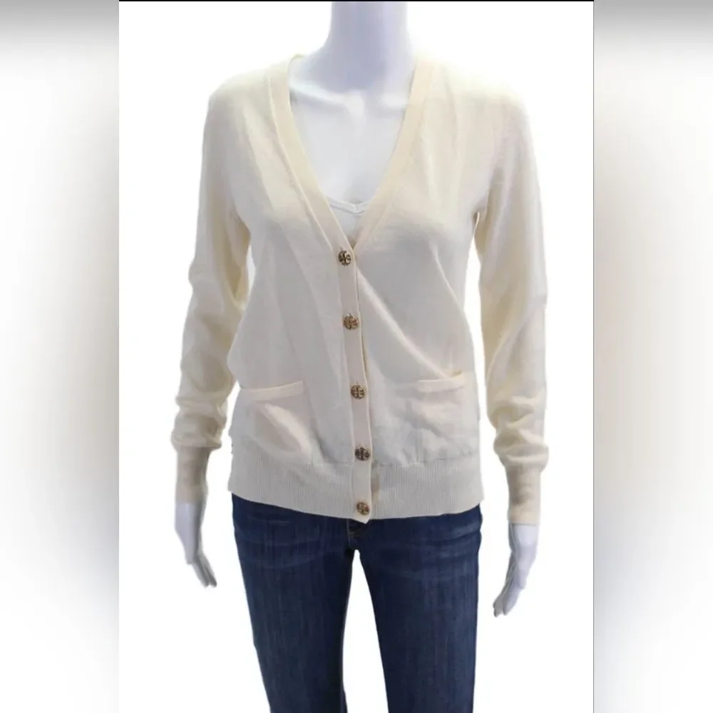 Tory Burch Womens Merino Wool V-Neck Cardigan Sweater Gold Buttons Small